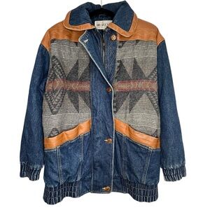 Braefair Denim Coat Women's Size Medium Faux Leather Lined Button Up Zip Western